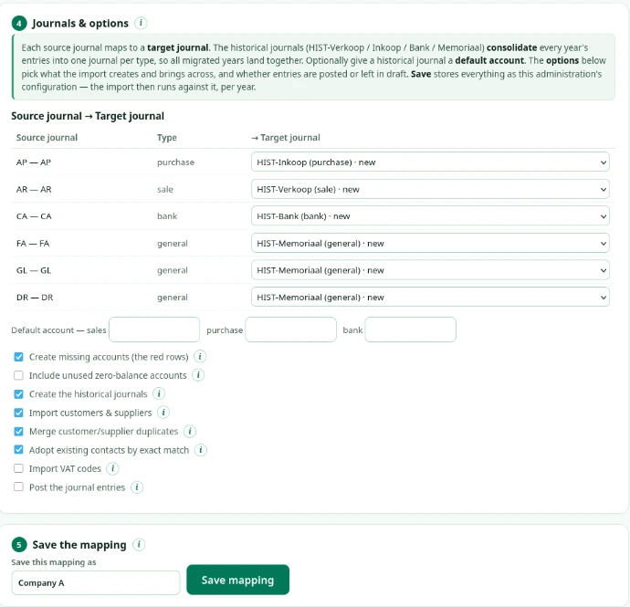 Journal mapping and import options for an XAF import into Odoo.