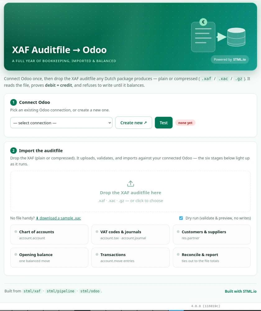 XAF auditfile imported into Odoo — connect, drop the file, six validated stages.